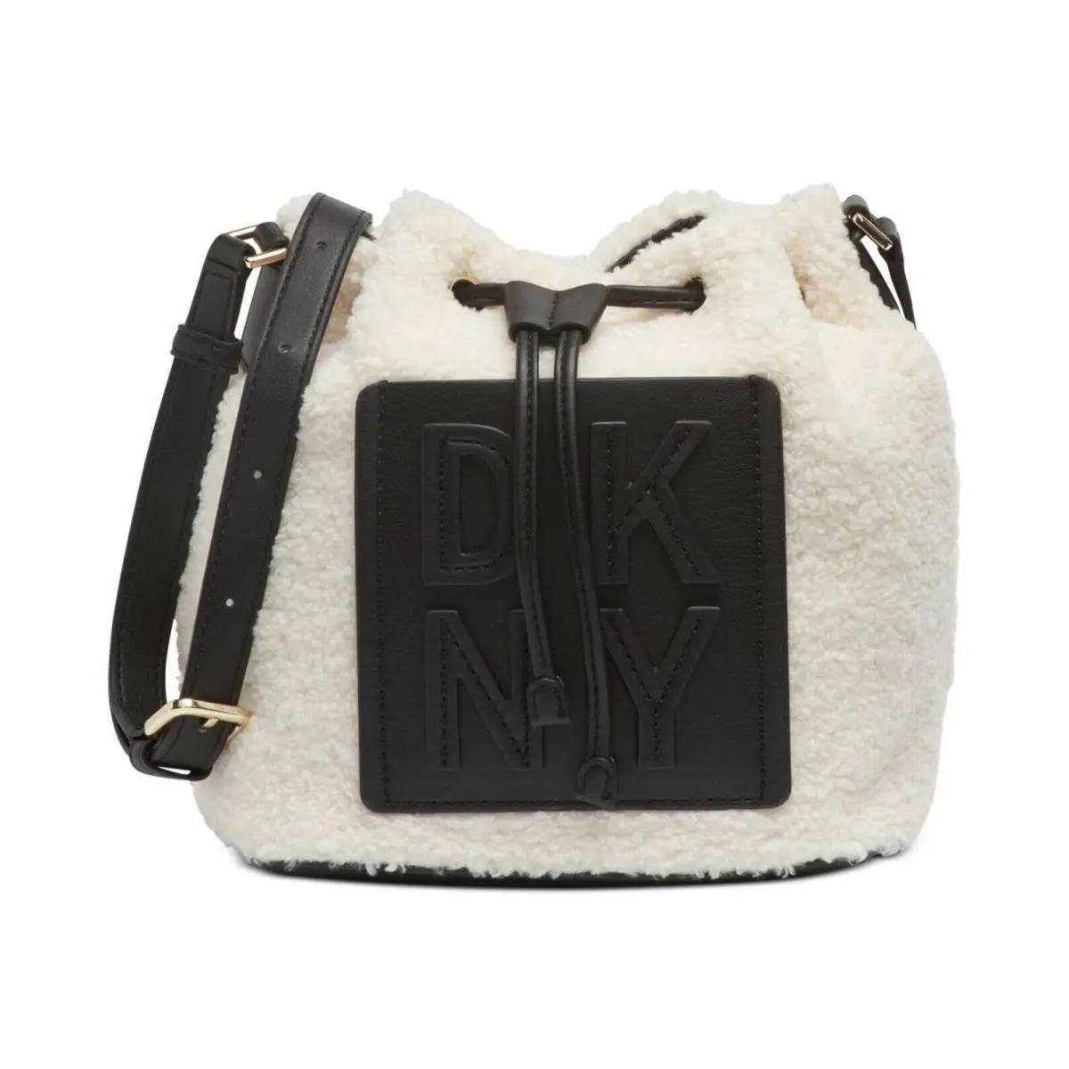 Dkny Ivory Black Sherpa “tilly” Drawstring Crossbody Bag