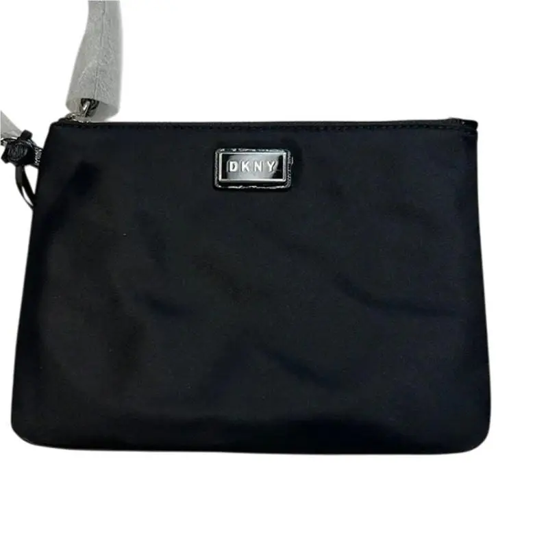 Dkny Solid Black Nylon Wristlet Wallet Zipper Closure Silver Hardware