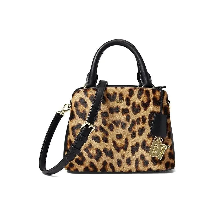 Dkny Brown Black Leopard Print Haircalf Satchel Bag Gold Hardware
