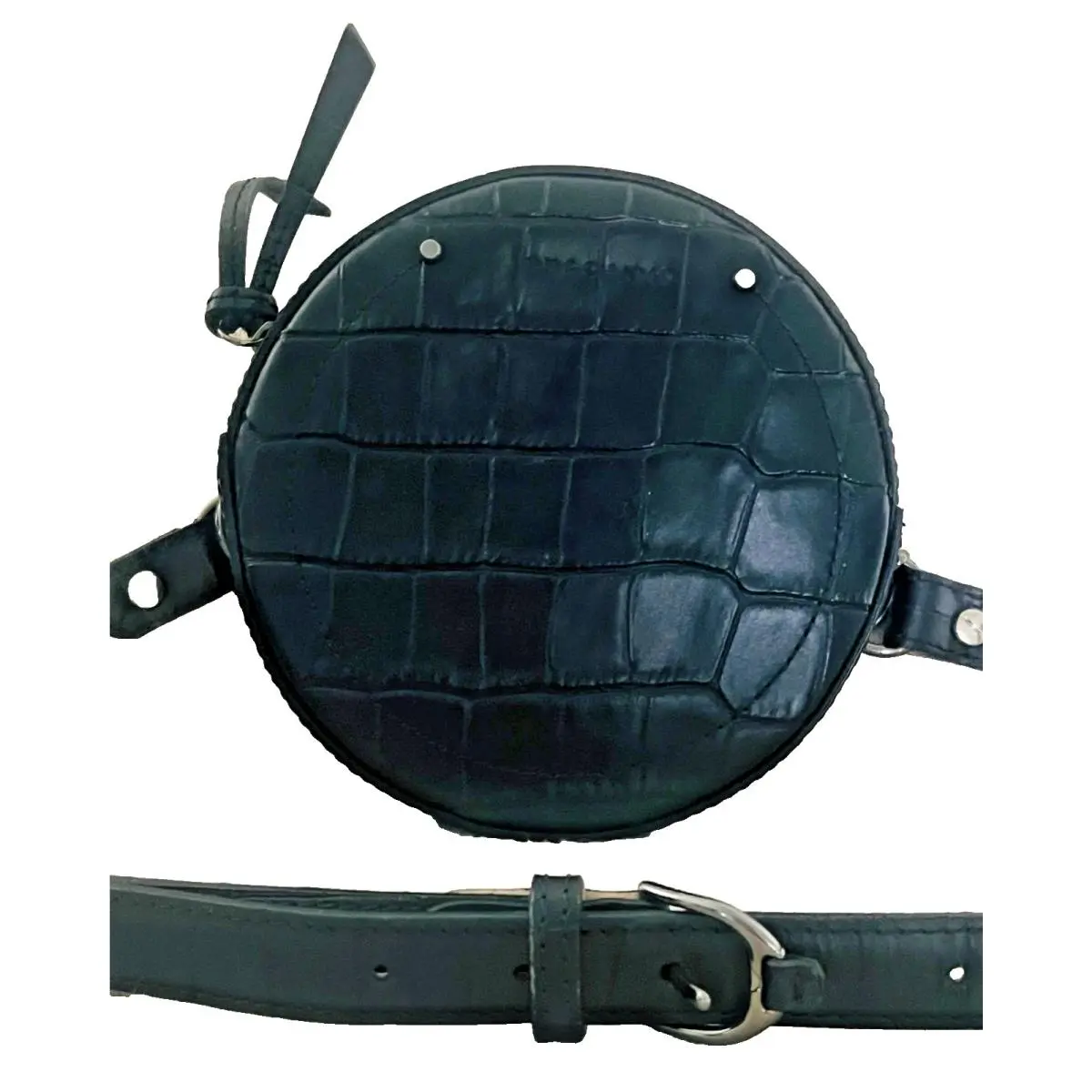 Made in France Black Croc Embossed Leather Round Crossbody Bag by Longchamp