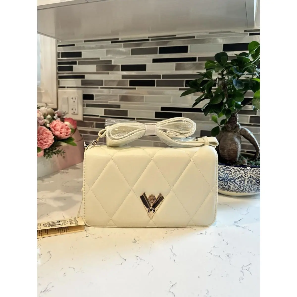 Orlandi White Diamond Gold Tone Hardware Quilted Crossover Handbag by Valentino