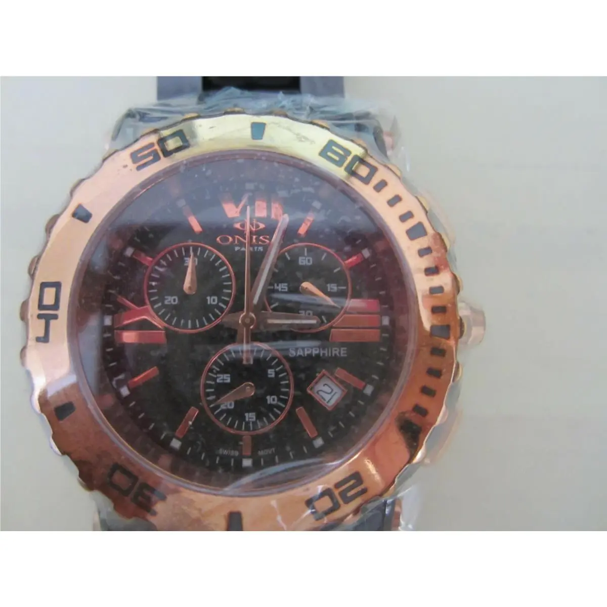 Oniss Men`s Watch Chrono Black Ceramic Rose Gold Sapphire ON7702