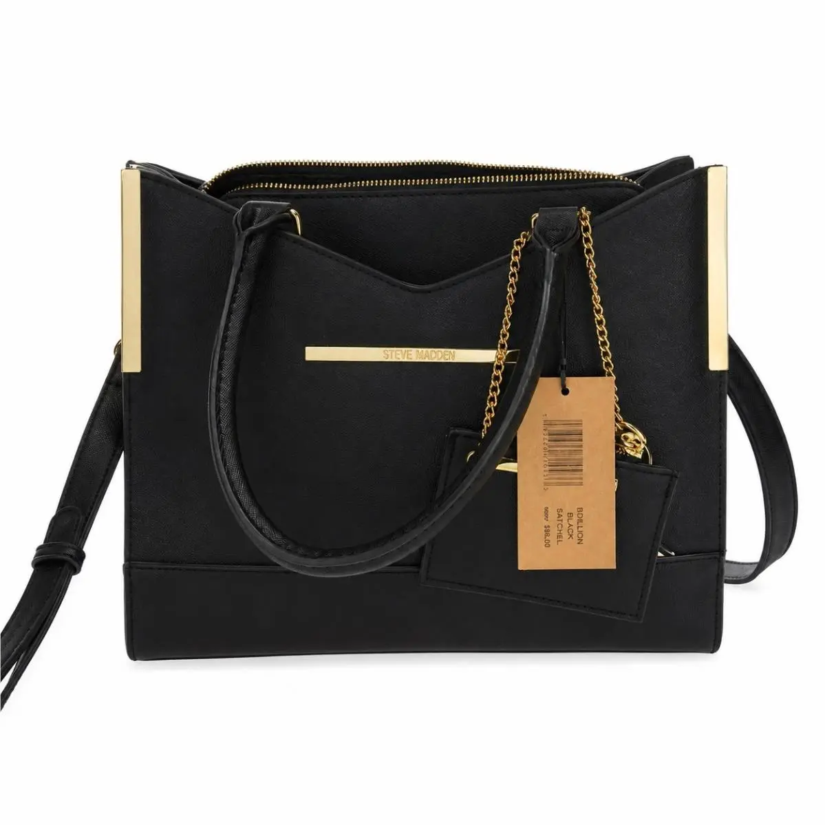 Steve Madden Bdillion Black Satchel Crossbody Handbag Gold Hardware