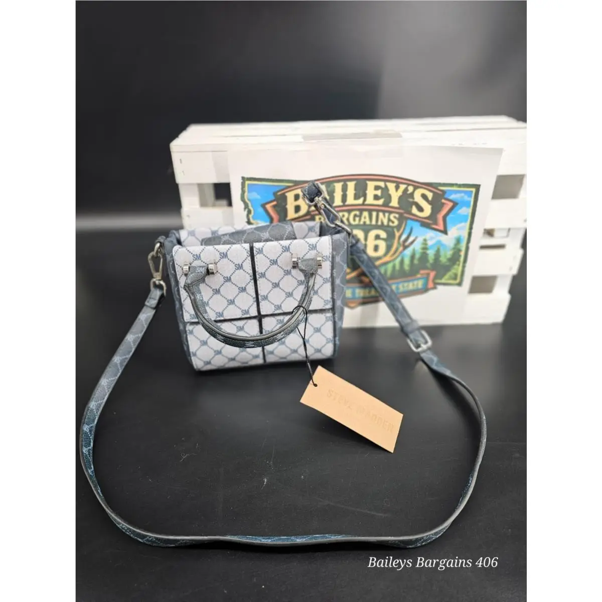 Steve Madden Mini Gray Blue Crossbody Purse Tote Handbag
