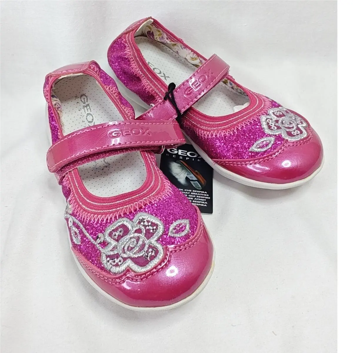 Geox Jodie Ballerina Flat Pink Glitter Floral Mary Jane Shoes 10 US 27 EU