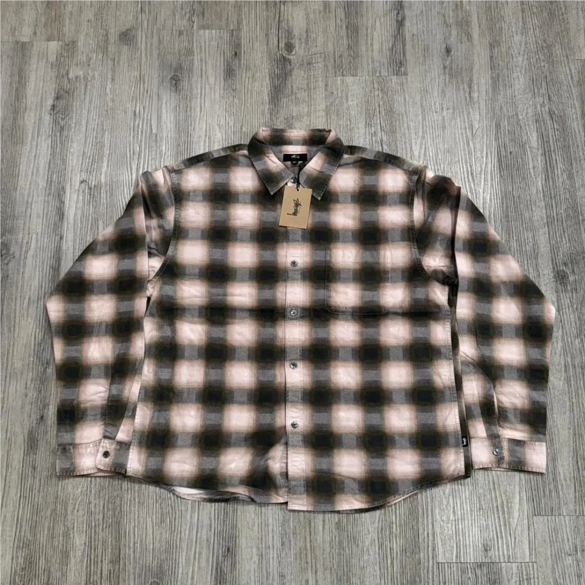 Stussy June Plaid Button UP Flannel Shirt Rose Pink Brown Size 2XL