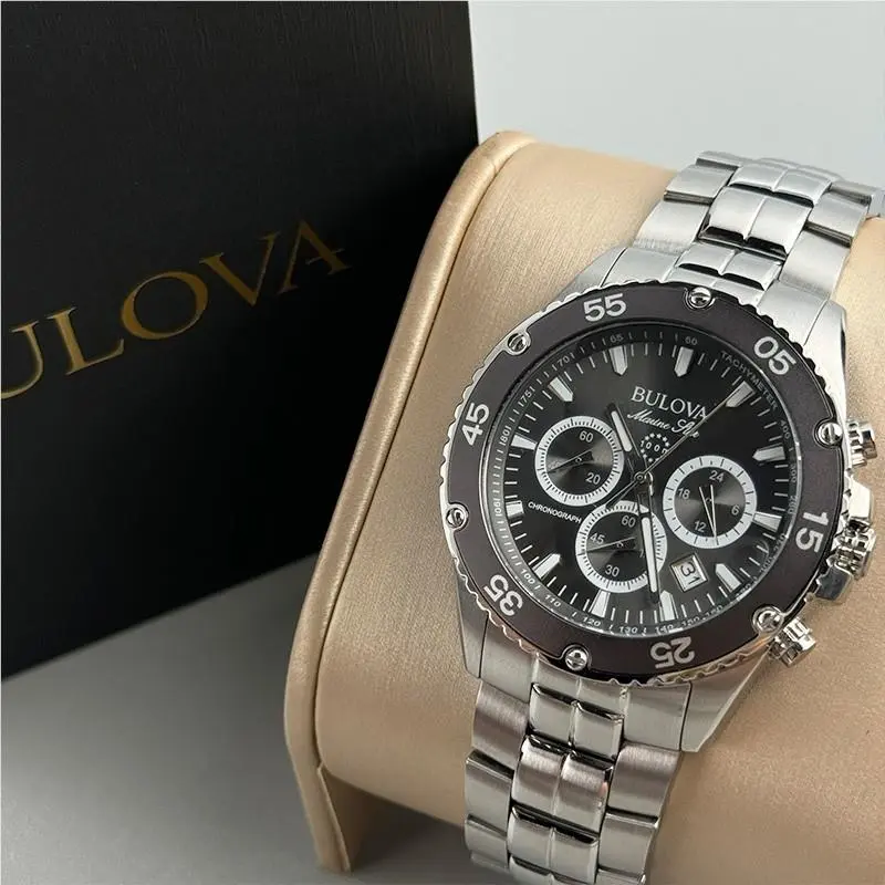 98B401 Marine Star Gray Dial Silver Band Quartz Calendar Men`s Watch by Bulova