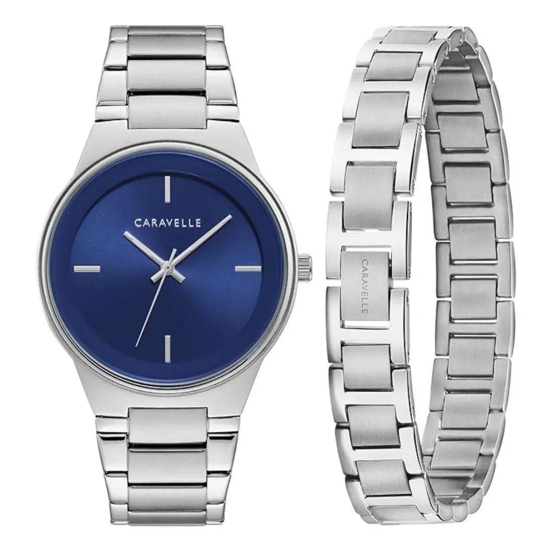 Caravelle by Bulova Modern Men`s Blue Dial Quartz Watch Bracelet Set 43K101 - Face: Blue, Dial: Blue, Band: Silver