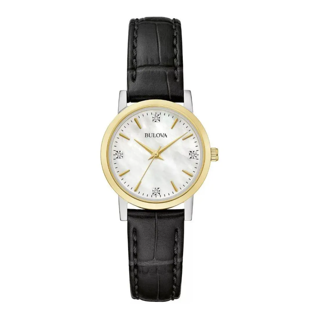Bulova Sutton Women`s Diamond Accent Black Leather Strap Watch - 98P225