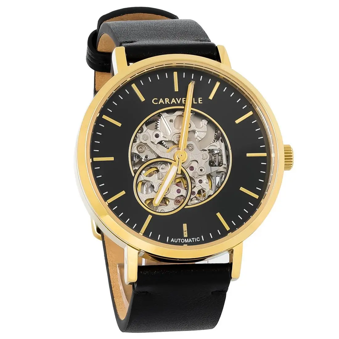 Caravelle By Bulova Classic Men`s Gold-tone Automatic Watch 44A121 - Face: Black, Dial: Black, Band: Black