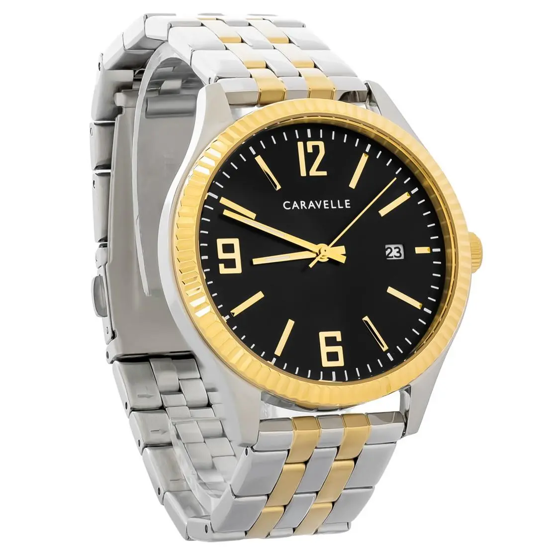 Caravelle By Bulova Men`s Two-tone Quartz Watch 45K000 - Face: Black, Dial: Black, Band: Two-Tone