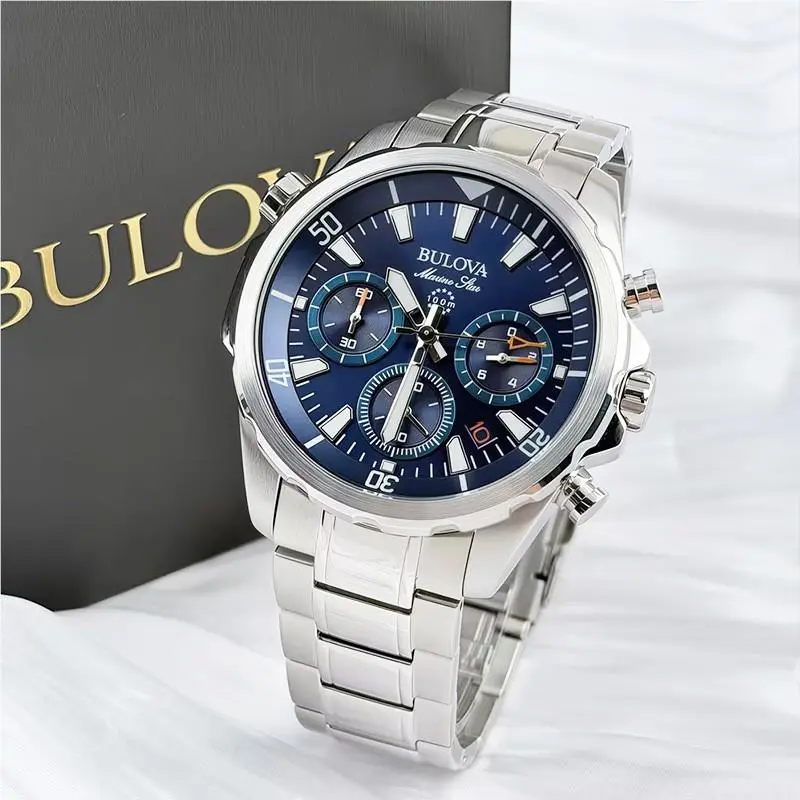 Marine Star 96B256 Men`s Chronograph Quartz Watch Blue Dial 43MM by Bulova