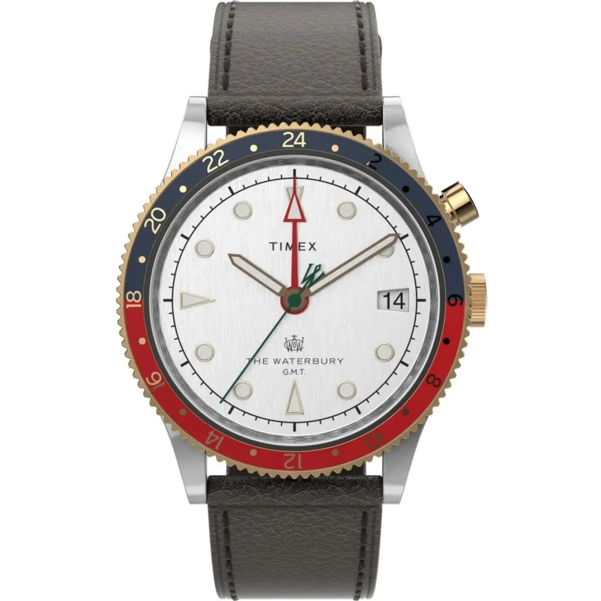 Timex Men`s Watch Waterbury Traditional Gmt White Dial Leather Strap TW2U99100