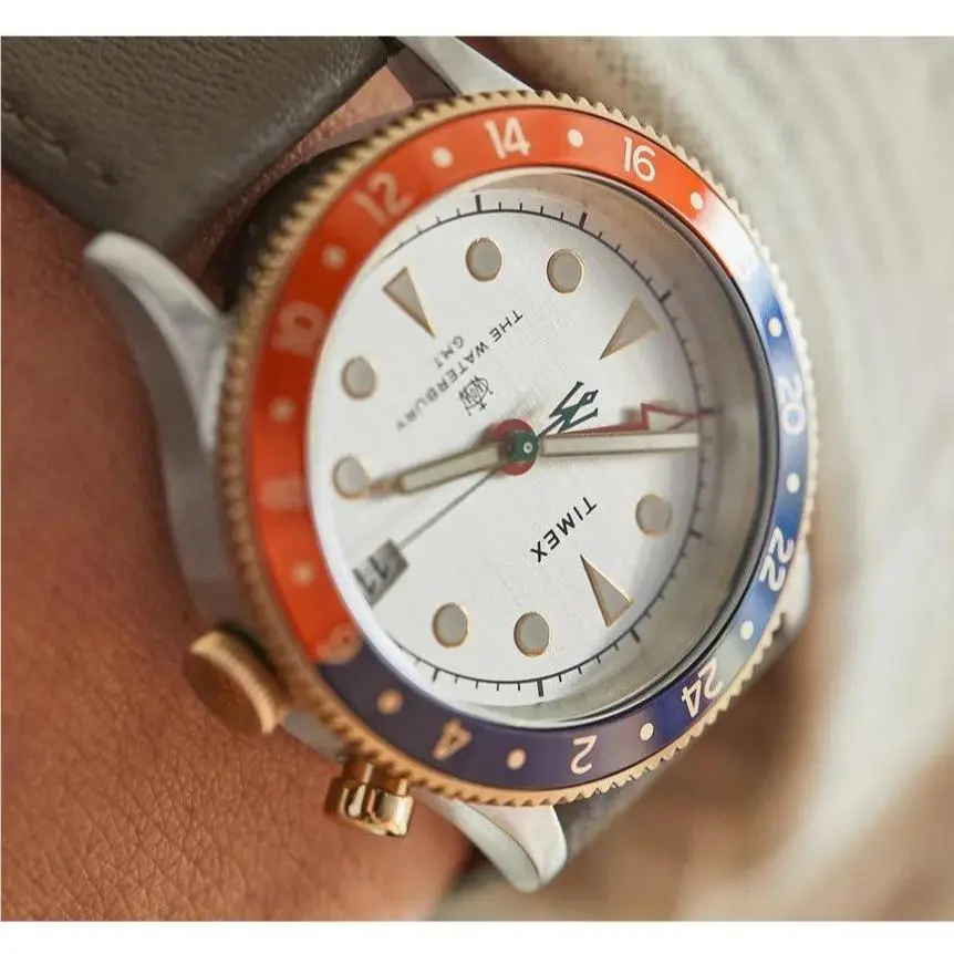 Timex Waterbury Traditional Gmt Pepsi Bezel Leather Men`s Watch TW2U99100 - Dial: Silver White, Band: Brown