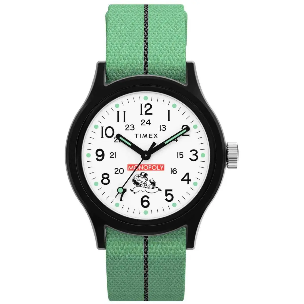 Women`s Watch x Monopoly Quartz White Dial Green Fabric Strap TW2Y47100JR by Timex