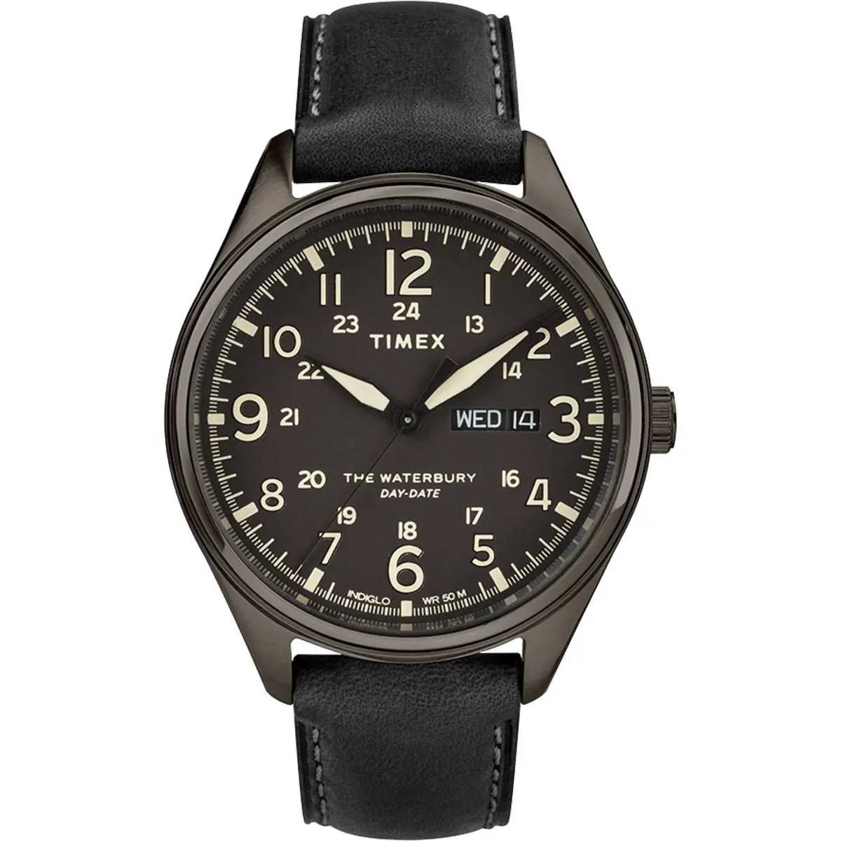 Timex Men`s Watch Waterbury Quartz Gunmetal Case Black Leather Strap TW2R89100