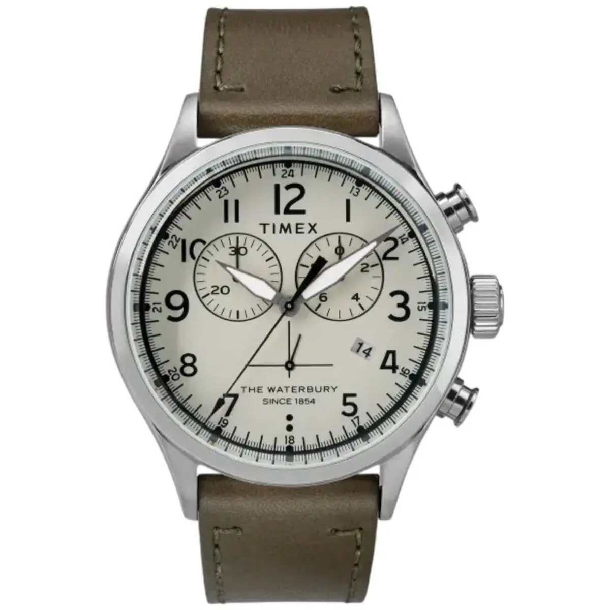 Men`s Watch Waterbury Quartz Chronograph Green Leather Strap TW2R70800VQ by Timex