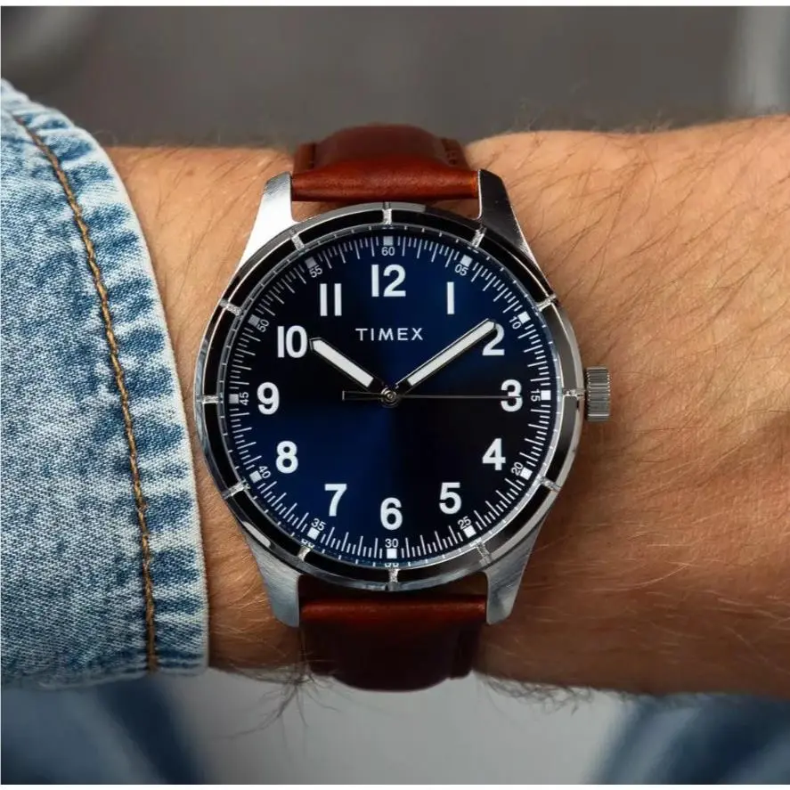 Timex Main Street Men`s 42mm Blue Sunray Dial Brown Leather TW2Y16200 Watch