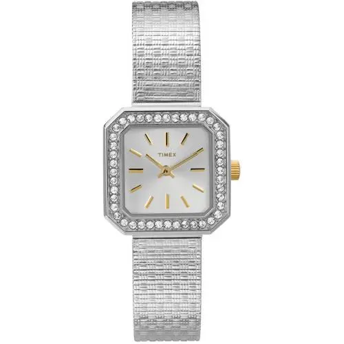 Silver 2 Tone Mesh Band Crystal Bezel Square Small Dial WATCH-T2P552 by Timex