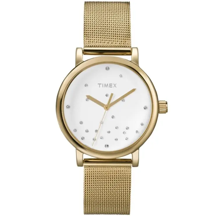 New-timex Gold Tone S/steel Fine Mesh Band+white Crystal Dial WATCH-T2N986+TAG