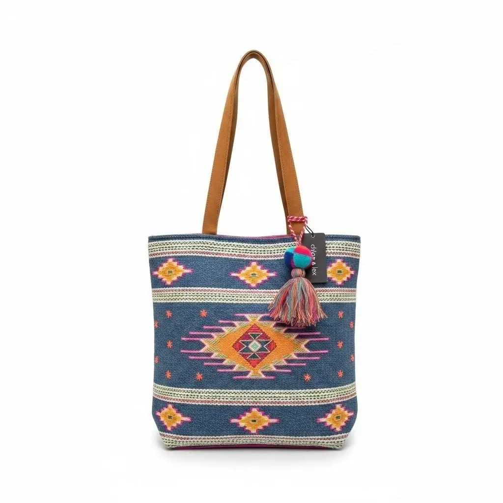 Chloe Lex Wool Tapestry Tote Bag Leather Boho Southwestern Print Tassel