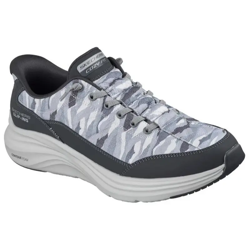 Mens Skechers Slip Ins Contour Foam Cozy Fit Camopost Gray White Fabric