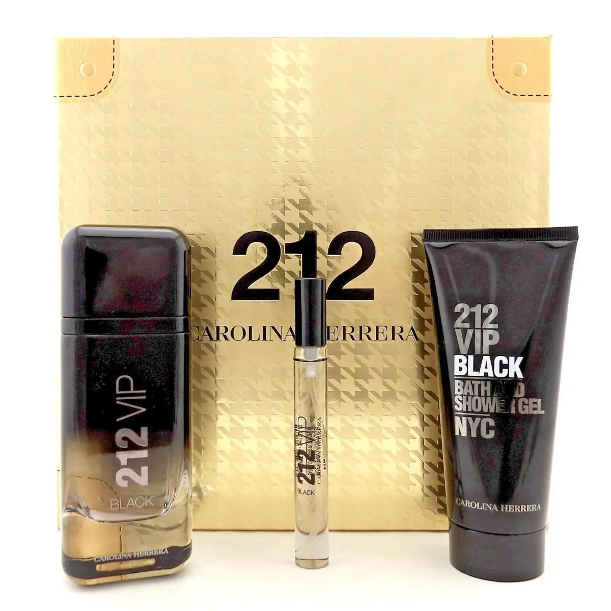 212 Vip Black  3.4oz 0.34oz Edp Spray+3.4oz S/gel Men`s Set by Carolina Herrera