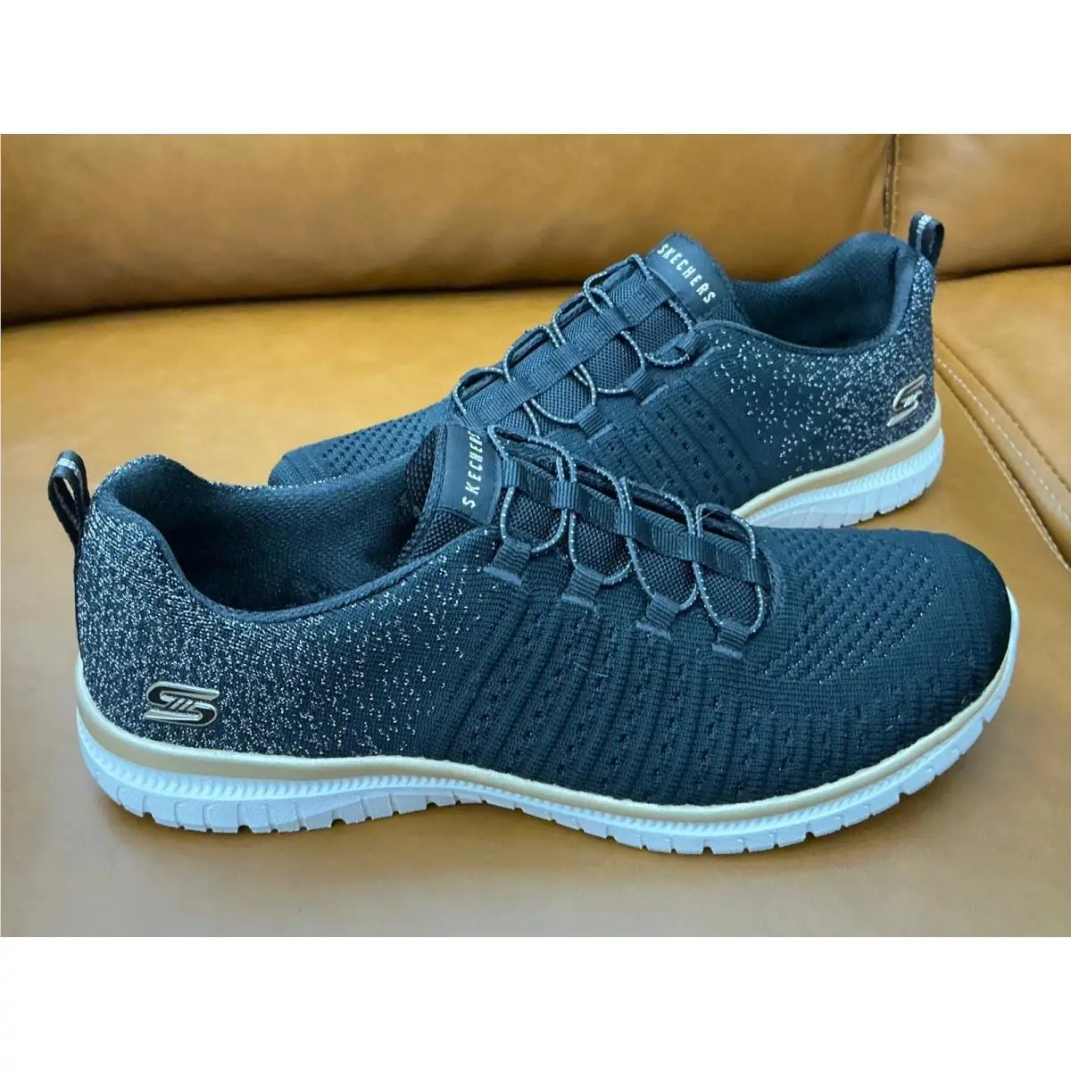 Skechers Virtue-lucent Sneakers Womens 8.5 Black Rose Gold Vegan Slipon