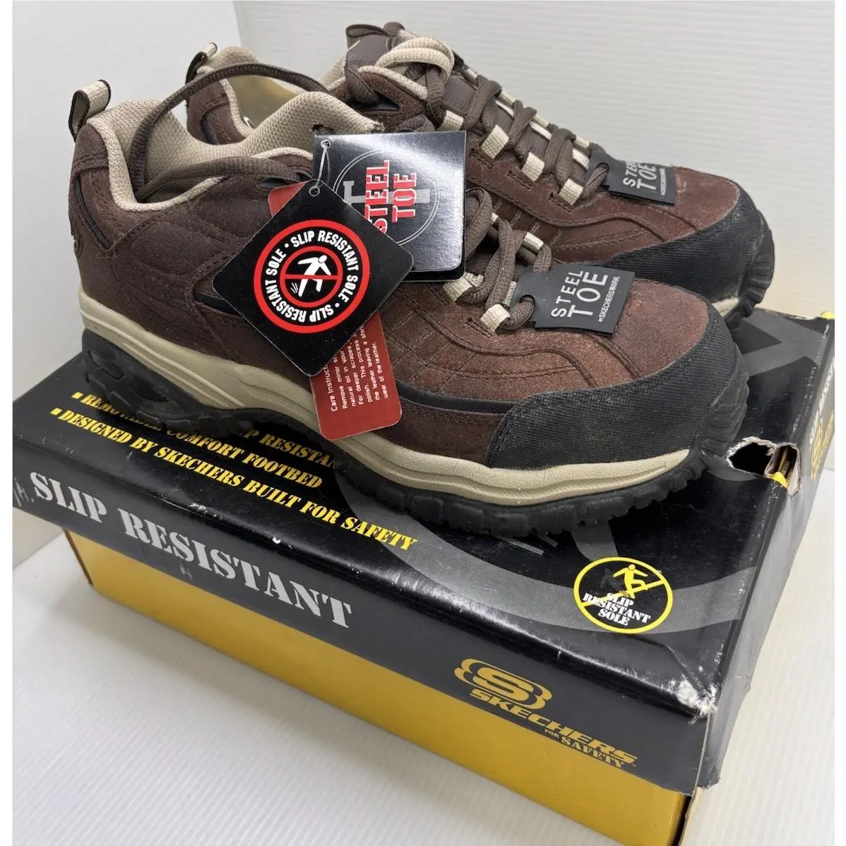 Skechers Work Mens Sneakers Soft Stride Dexter Steel Toe Brown 8 Slip Resistant