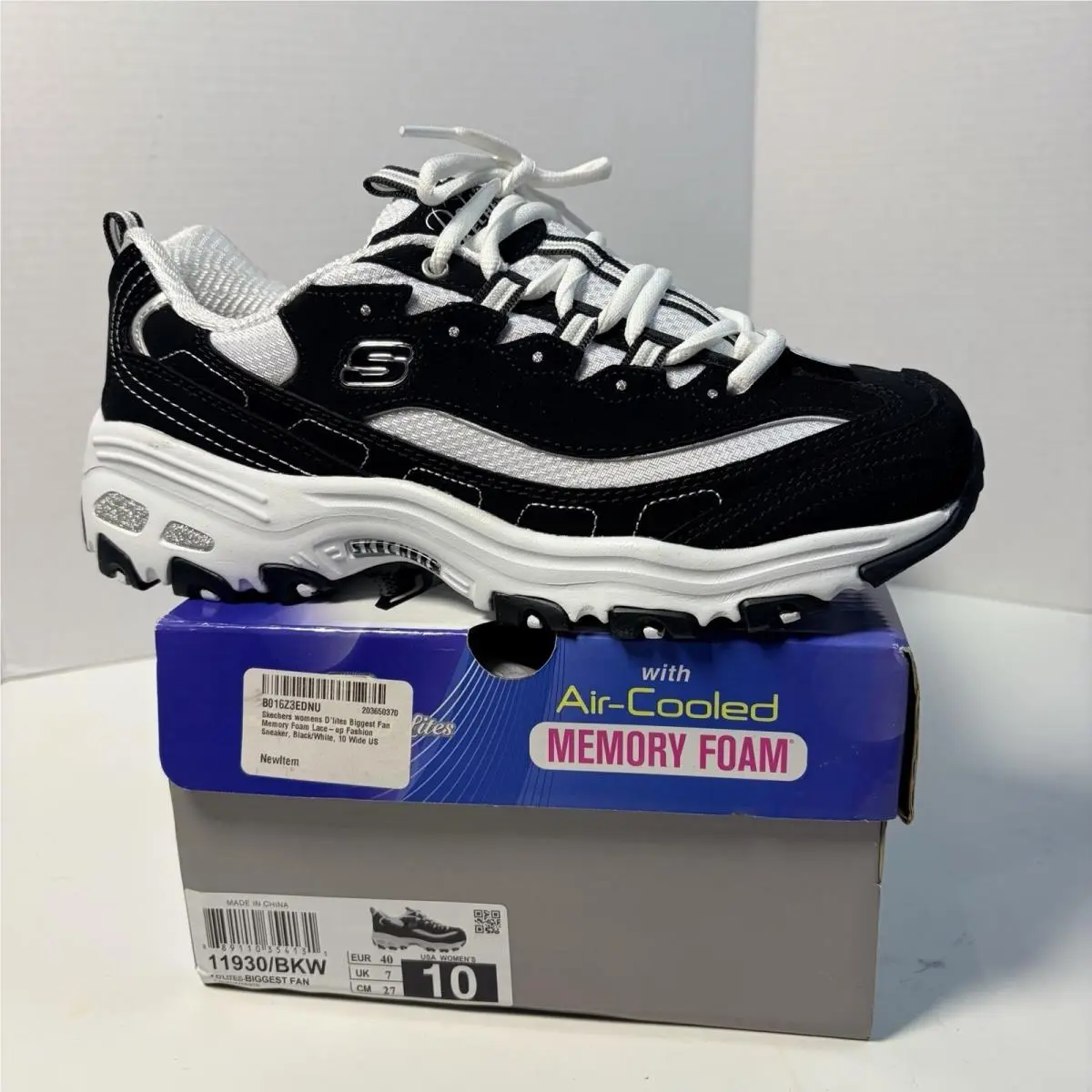 Skechers D`lites Biggest Fan 10 Black White Chunky Memory Foam Sneakers 11930