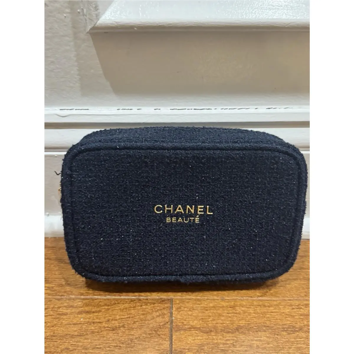 Chanel Navy Tweed Sparkle Makeup Pouch Travel Clutch Gold Charm Limited