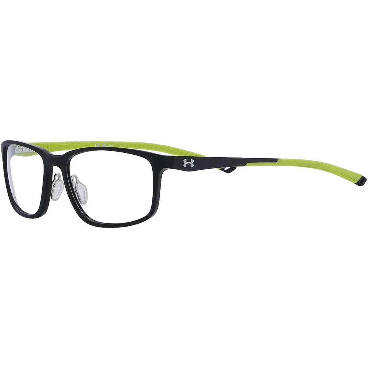 Men`s Rectangle Eyeglass Frames w/ Carbon Fiber Temples - UA5061G Black-Green Fluo/Clear Demo (097M-56) by Under Armour