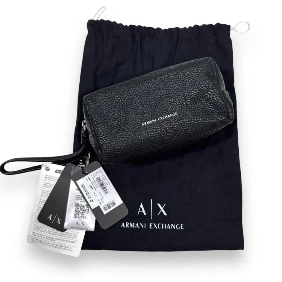Armani Exchange Toiletry Black Pebbled Leather Bag Wristlet Mens Unisex