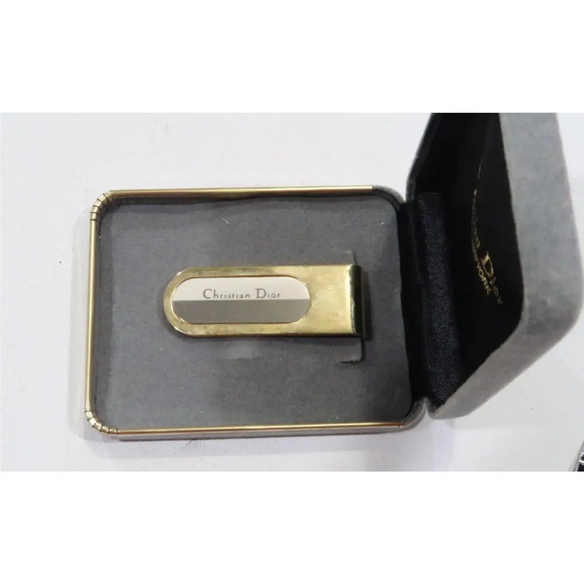 Vintage Christian Dior Gold Silver Tone Etched Money Clip in Box Rare