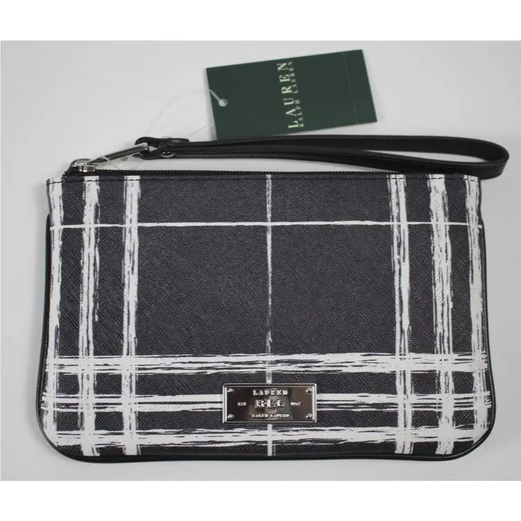 Wristlet Black White Plaid Swanfield Leather Strap Med by Ralph Lauren
