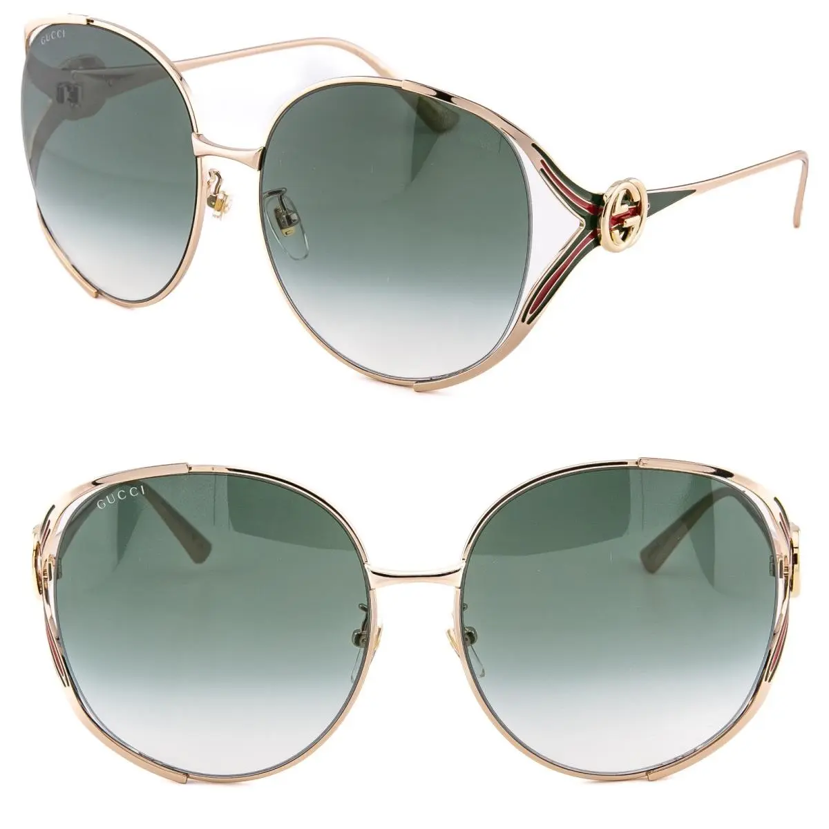 Gucci GG0225S Gold Green 0225 GG Stripe Logo Oversized Round Metal Sunglass 003