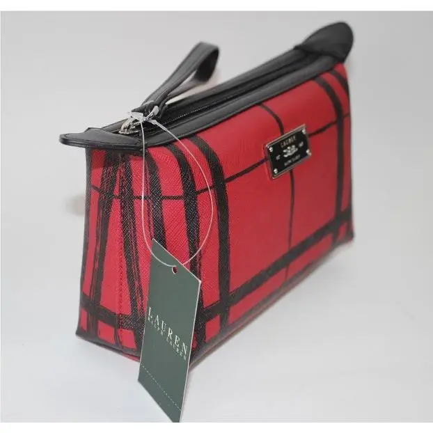 Cosmetic Pouch Red Black Plaid Swanfield Leather Strap by Ralph Lauren