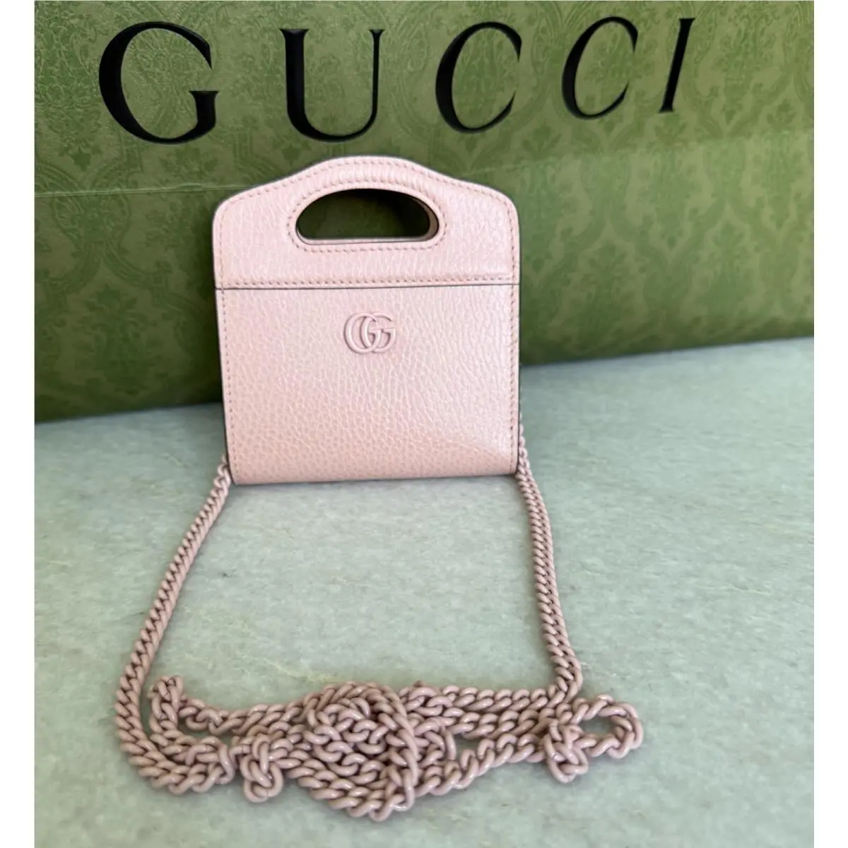 Gucci 701074 Leather Double GG Perfect Pink Shoulder Chain Wallet Bag
