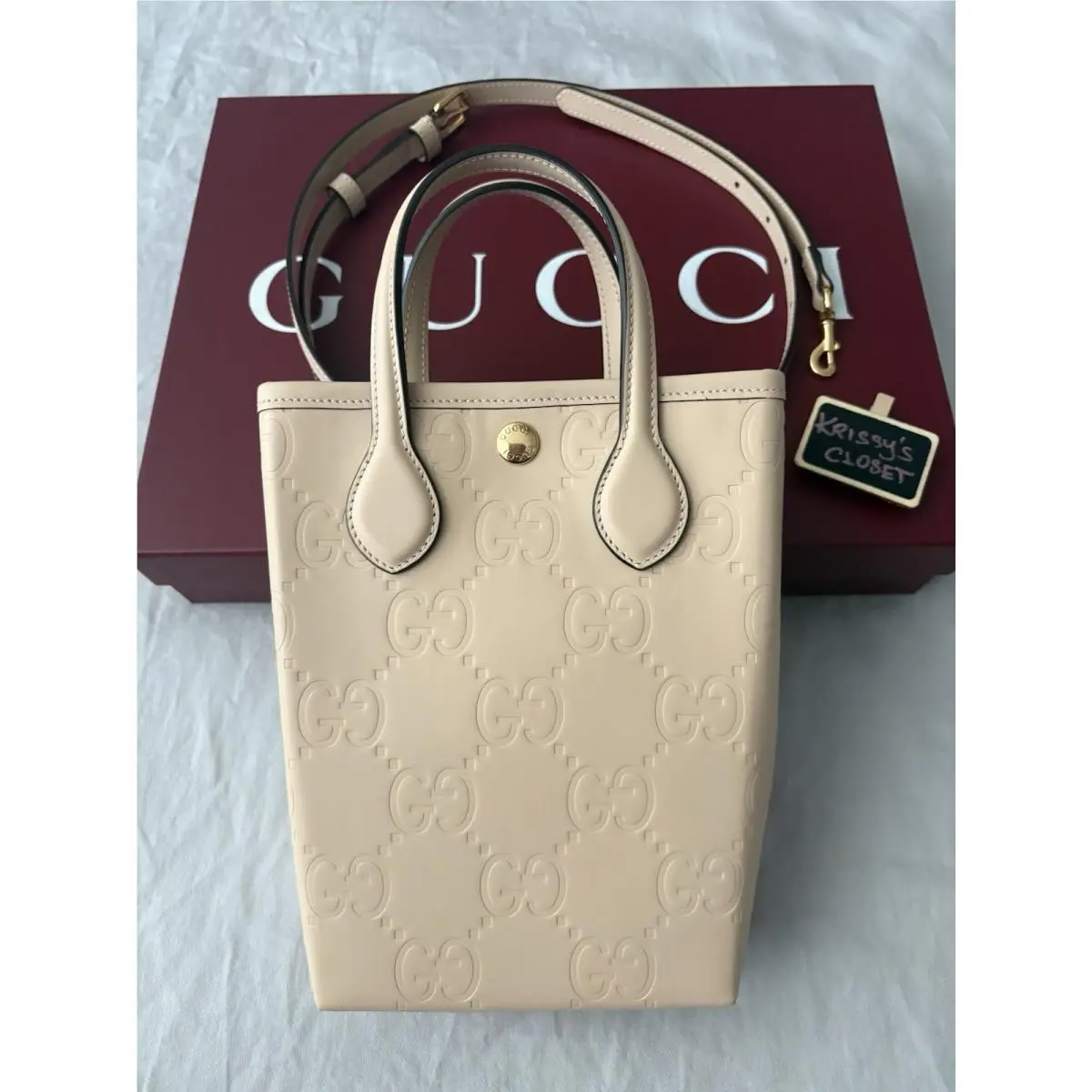 Gucci Beige Vertical Tote GG Embossed Leather Mini