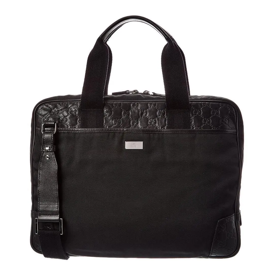 Gucci Black Calfskin Embossed Canvas Briefcase Pre-loved Women`s