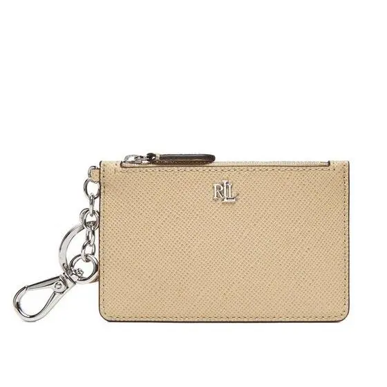 Lauren Ralph Lauren Leather Zip Card Case Beige w/ Silver Hardware
