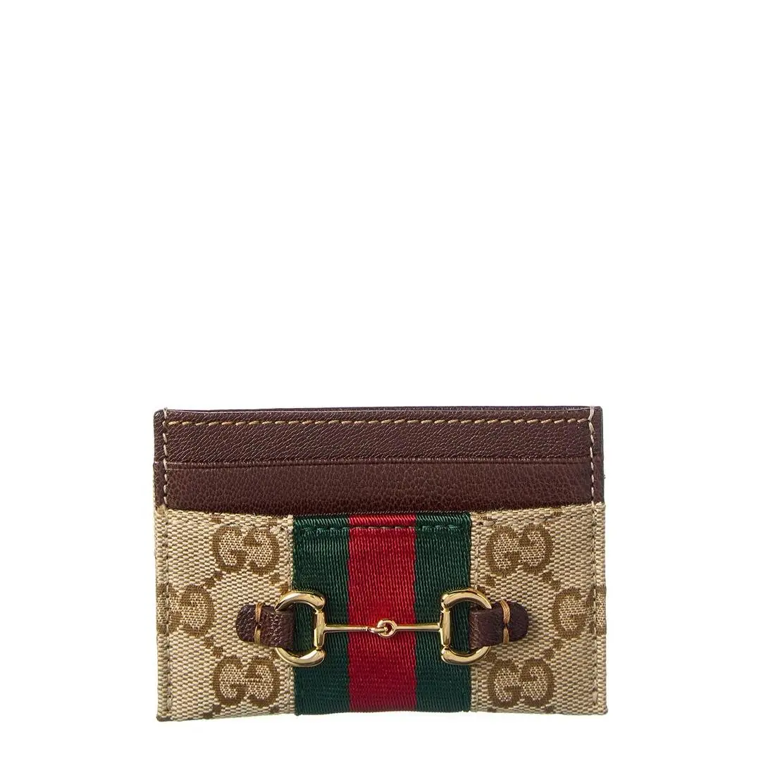 Horsebit Web Gg Canvas Leather Card Case Women`s Brown by Gucci