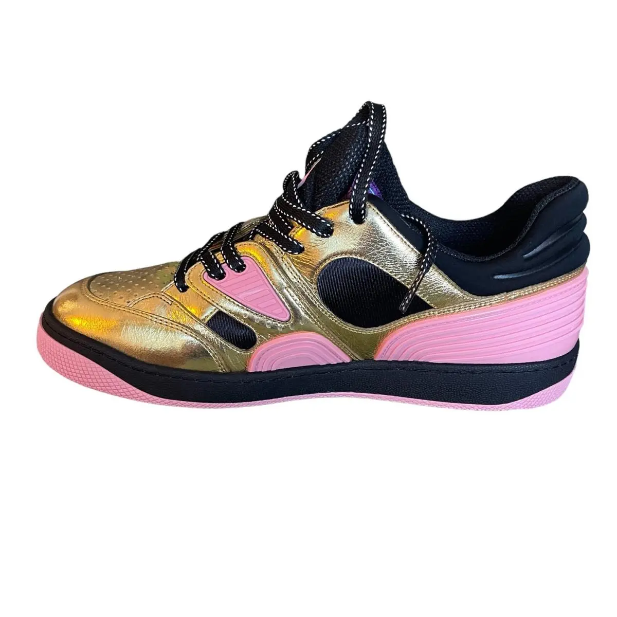 Women`s Pink Black Basket Shoes `gold Metallic Leather` 725905 Sz. 39.5 by Gucci