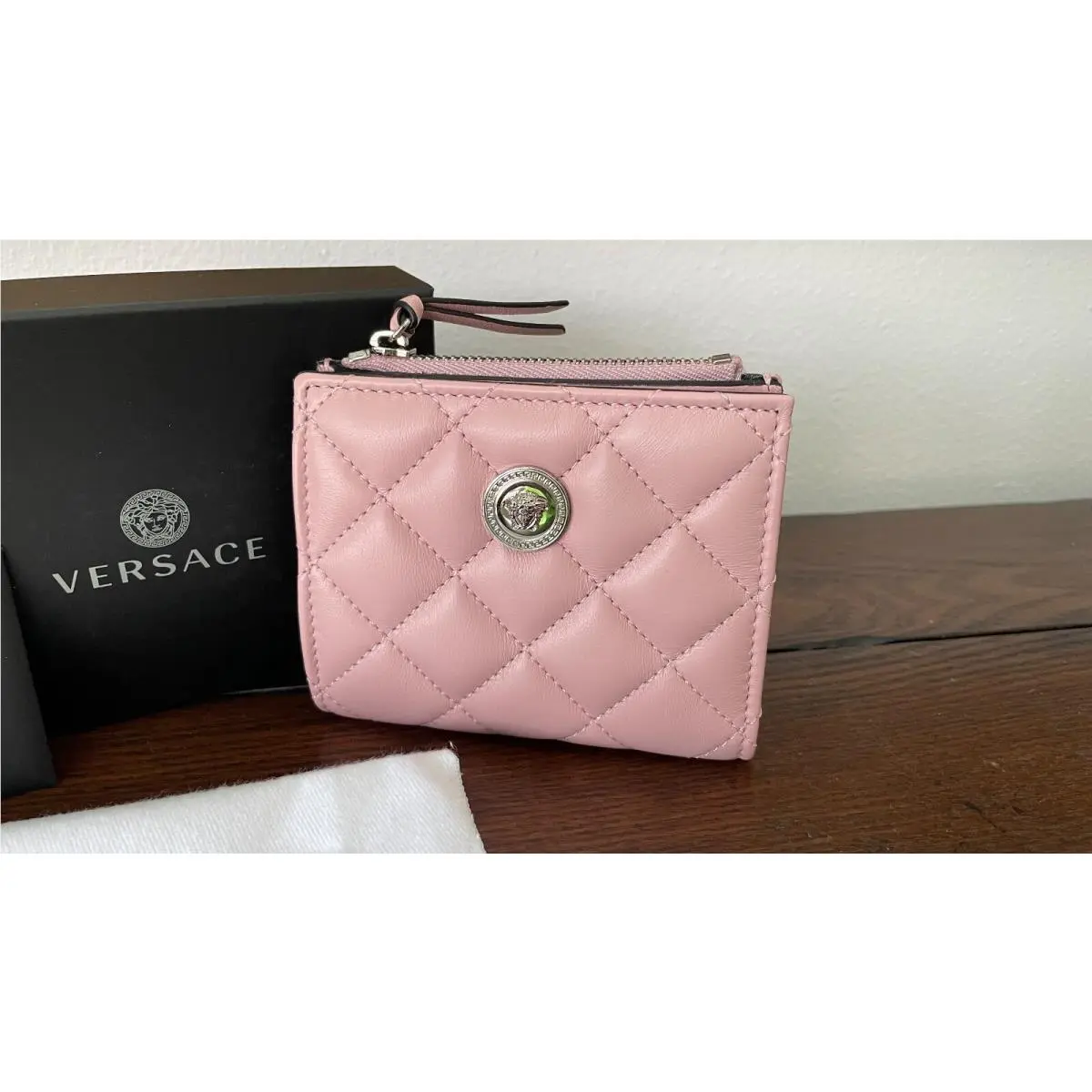 Versace Women`s Pink Quilted Lamb Leather Bifold Wallet Item 1005564