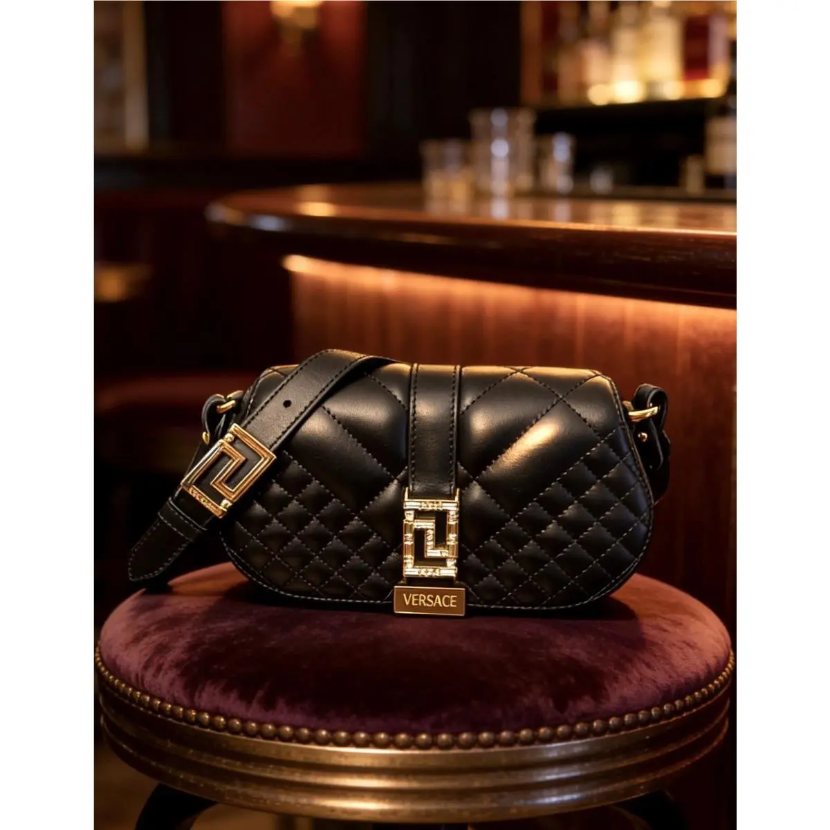 Black Mini Lamb Leather Quilted Shoulder Bag Gold Greca Purse by Versace