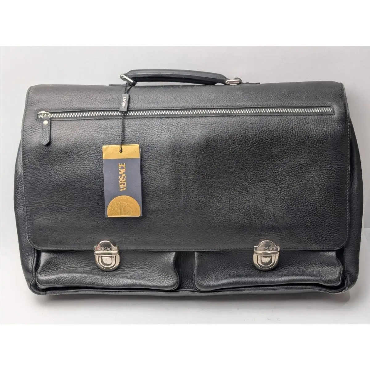 Versace Black Leather Briefcase Portfolio Business Document Bag