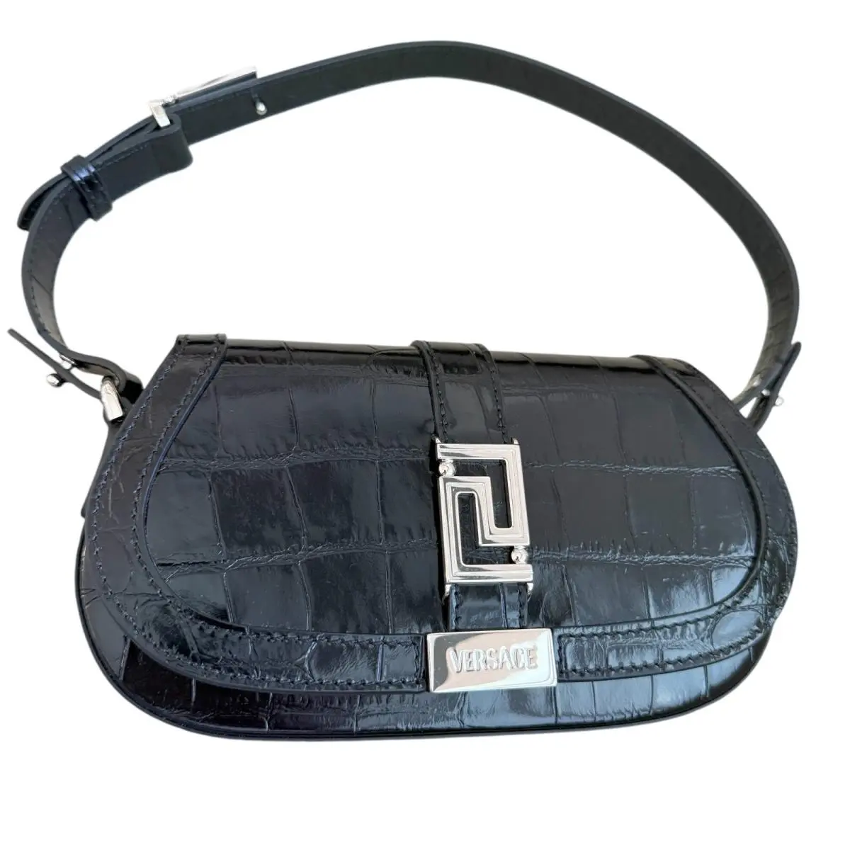 Black Crocodile-embossed Leather Shoulder Bag 1010951 by Versace