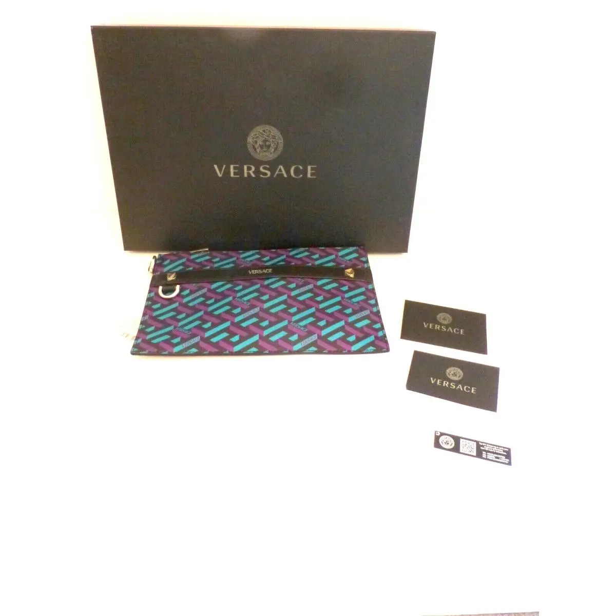 Pouch Bag Unisex La Greca Leather Teal Purple Black Logo by Versace