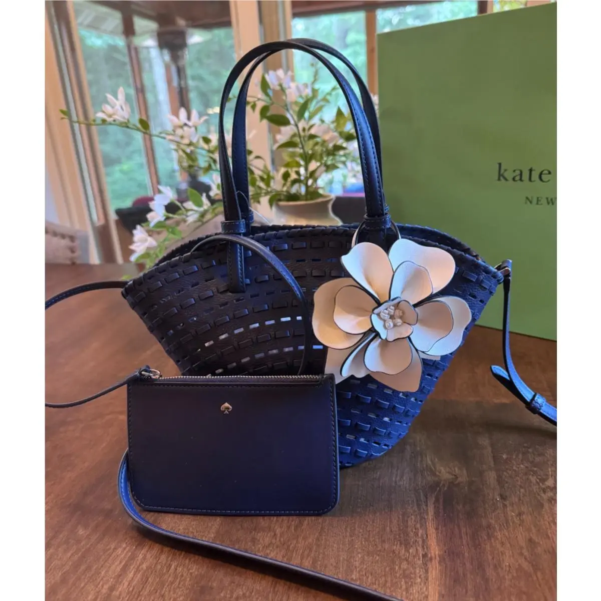 Kate Spade Dahlia Tote Bag Cutout Leather Floral Charm - Navy Crossbody