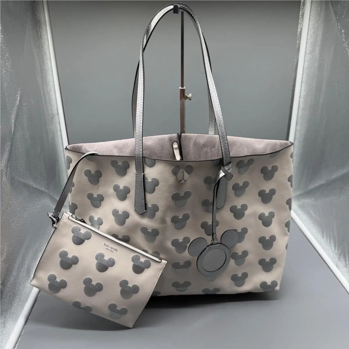 Kate Spade x Disney Parks Mickey Mouse Icon Tote Bag Silver Glitter Pouch Mirror